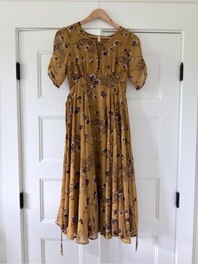 Free People Mustard Floral Butterfly Midi Dress with Puff Sleeves 0